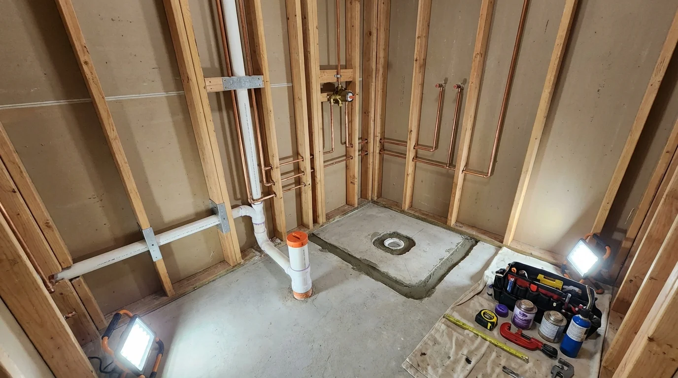 Bathroom rough-in plumbing during remodel by Johns Plumbing LLC in Harper Woods