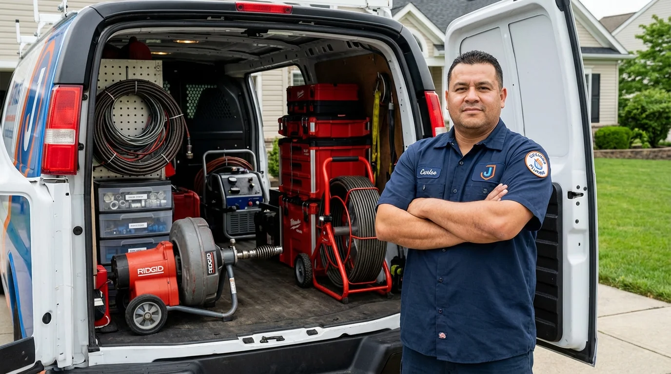 Professional drain cleaning equipment and Johns Plumbing LLC plumber in Harper Woods