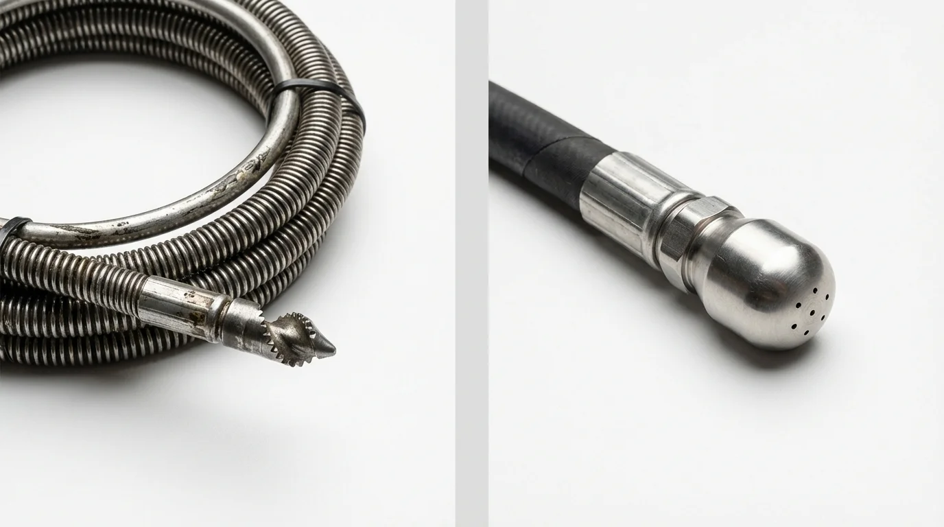 Drain snake cable and hydro jetting nozzle used for drain cleaning in Harper Woods, MI