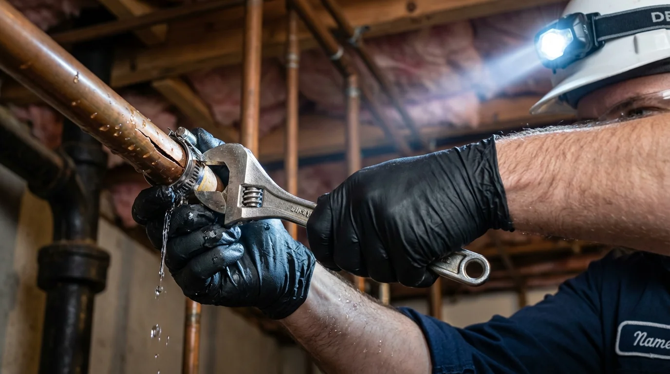 Emergency pipe clamp repair being performed by a Johns Plumbing LLC plumber in Harper Woods