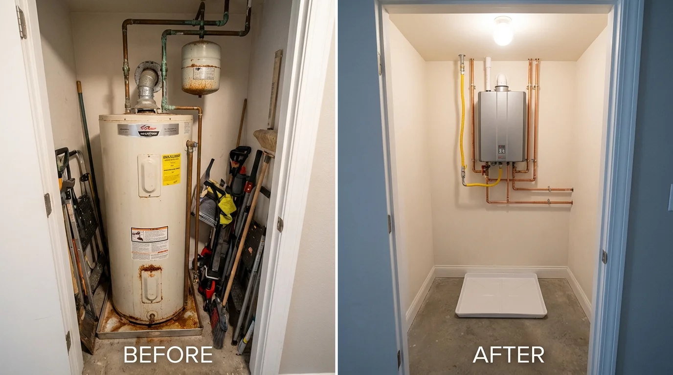 Tank water heater versus wall-mounted tankless unit comparison for Harper Woods, MI homeowners