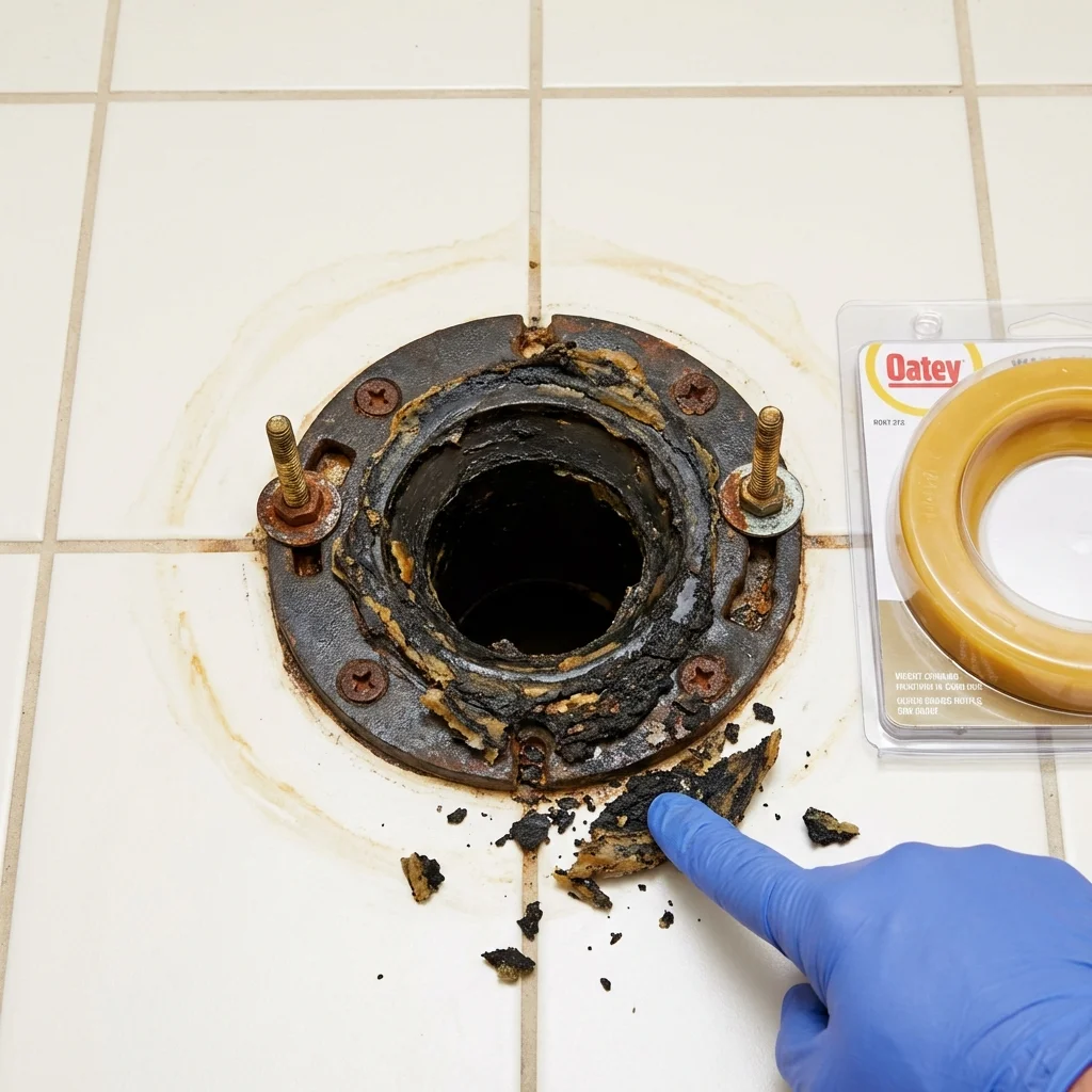Failed wax ring showing water seepage at the base of a toilet in a Harper Woods, MI home