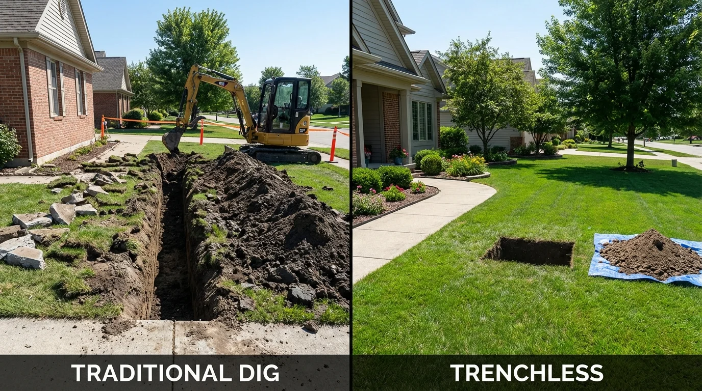 Trenchless sewer repair with minimal yard damage versus traditional excavation in Harper Woods, MI
