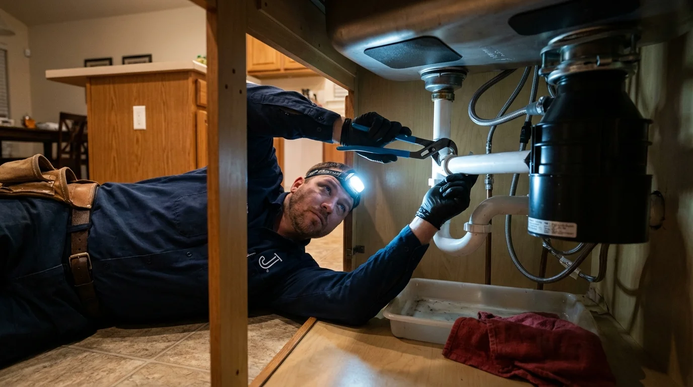 P-trap and supply line connections under a kitchen sink showing a common leak point in Harper Woods, MI